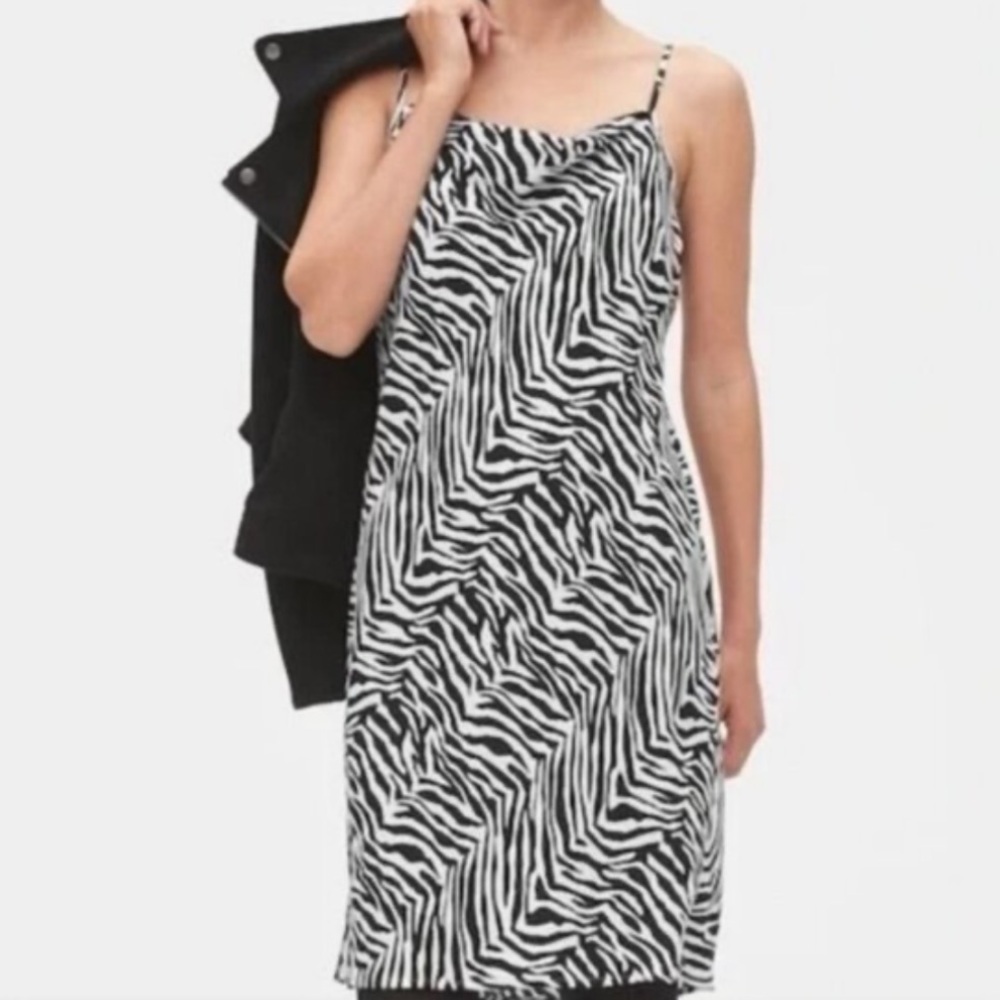 Banana Republic Factory Womn 4 Zebra Animal Print Y2K Cowl Neck Slip Shift Dress